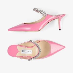JIMMY CHOO Bing 65mm Patent Crystal Embellished Mules Candy Pink Sz 38 EU
